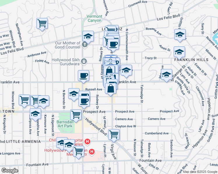 map of restaurants, bars, coffee shops, grocery stores, and more near 4521 1/2 Franklin Avenue in Los Angeles