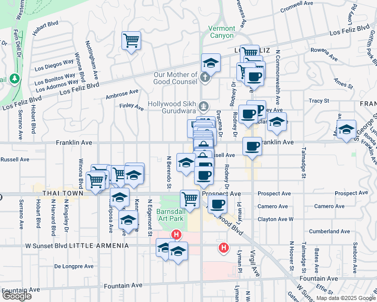 map of restaurants, bars, coffee shops, grocery stores, and more near 1901 North New Hampshire Avenue in Los Angeles