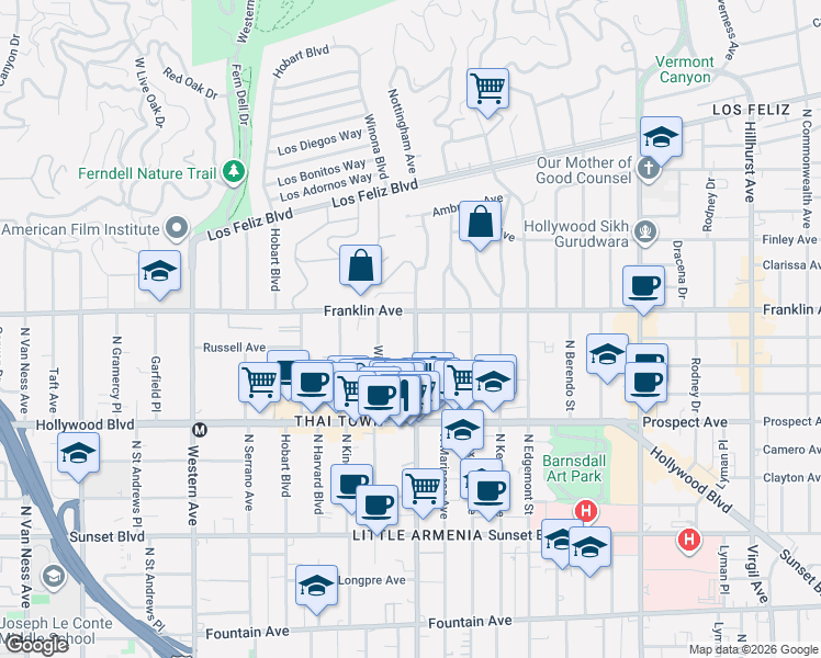 map of restaurants, bars, coffee shops, grocery stores, and more near in Los Angeles