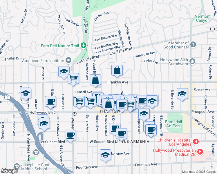 map of restaurants, bars, coffee shops, grocery stores, and more near 5181 Franklin Avenue in Los Angeles