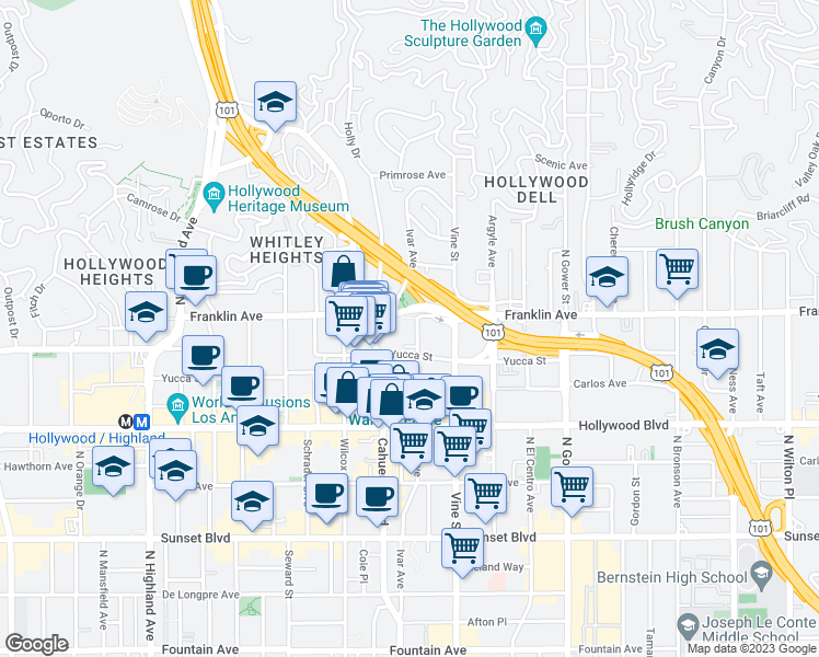 map of restaurants, bars, coffee shops, grocery stores, and more near 1901 Ivar Avenue in Los Angeles
