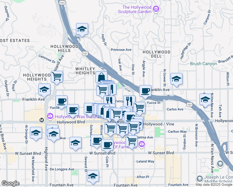 map of restaurants, bars, coffee shops, grocery stores, and more near 1901 Ivar Avenue in Los Angeles