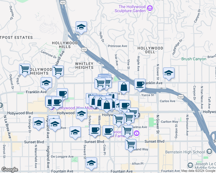 map of restaurants, bars, coffee shops, grocery stores, and more near in Los Angeles
