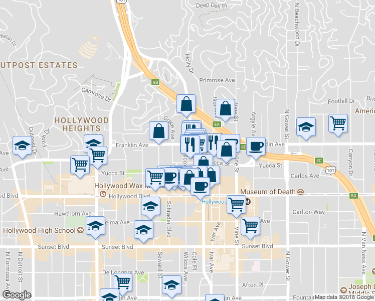 map of restaurants, bars, coffee shops, grocery stores, and more near in Los Angeles