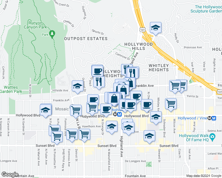 map of restaurants, bars, coffee shops, grocery stores, and more near 1925 Hillcrest Road in Los Angeles