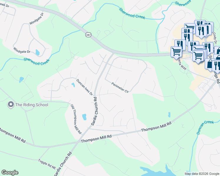 map of restaurants, bars, coffee shops, grocery stores, and more near 2956 Perimeter Circle in Buford
