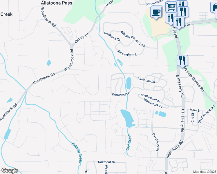 map of restaurants, bars, coffee shops, grocery stores, and more near 647 Magnolia Lane in Acworth