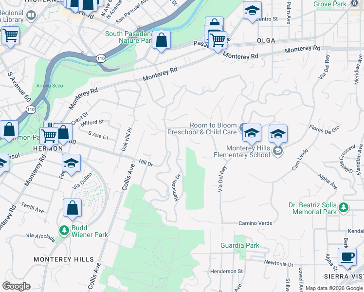 map of restaurants, bars, coffee shops, grocery stores, and more near 1742 Hanscom Drive in South Pasadena