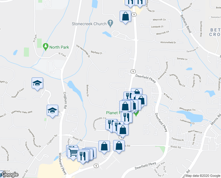 map of restaurants, bars, coffee shops, grocery stores, and more near 13417 Marrywood Court in Alpharetta