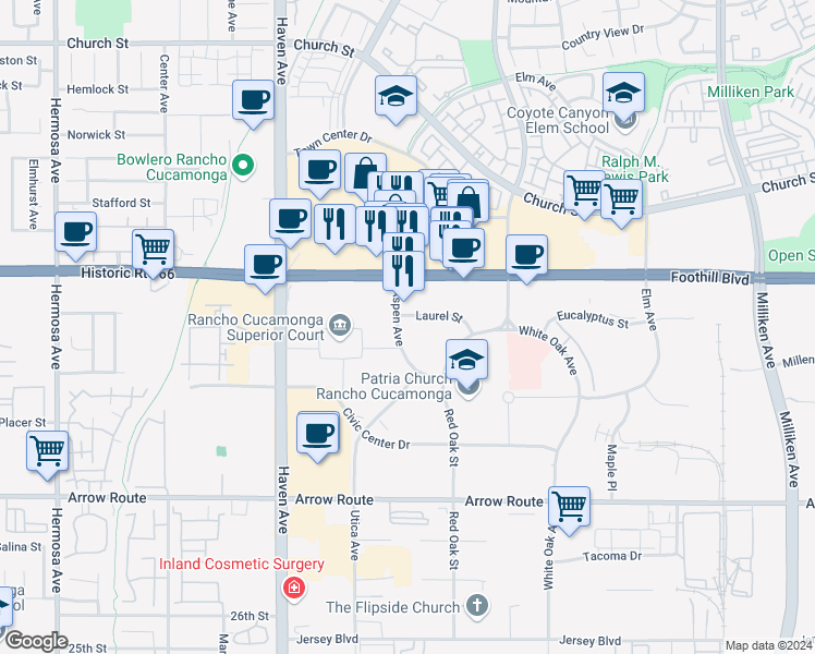 map of restaurants, bars, coffee shops, grocery stores, and more near 10737 Laurel Street in Rancho Cucamonga