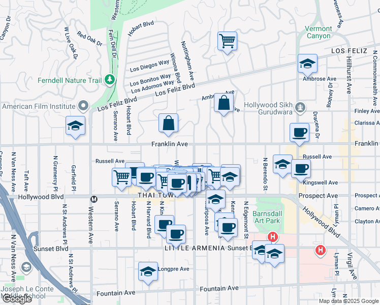 map of restaurants, bars, coffee shops, grocery stores, and more near 1841 Normandie Avenue in Los Angeles