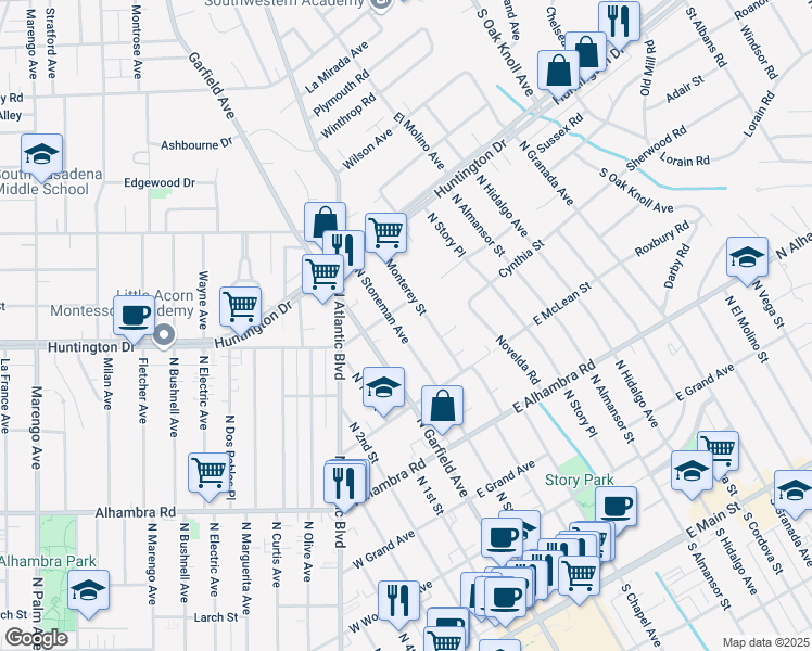 map of restaurants, bars, coffee shops, grocery stores, and more near 930 North Stoneman Avenue in Alhambra