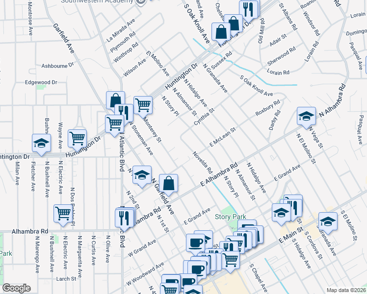 map of restaurants, bars, coffee shops, grocery stores, and more near 908 Novelda Road in Alhambra