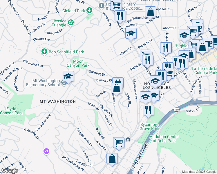 map of restaurants, bars, coffee shops, grocery stores, and more near 599 Dimmick Drive in Los Angeles