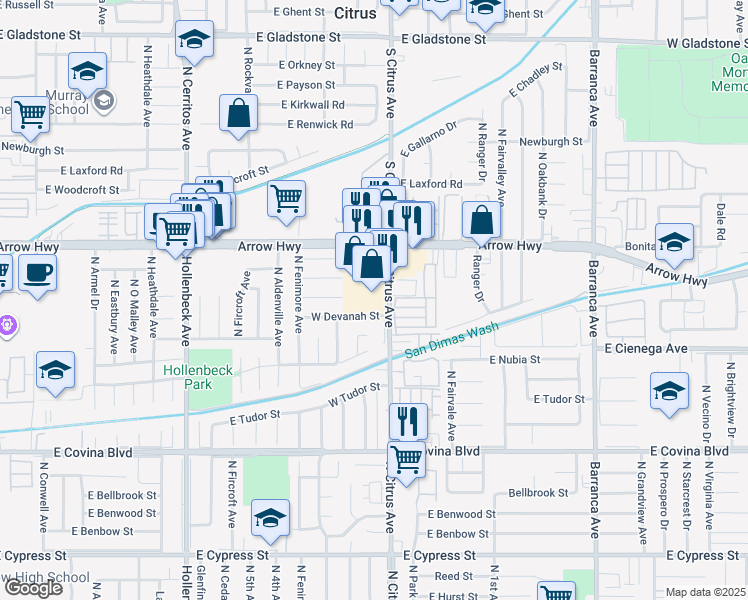 map of restaurants, bars, coffee shops, grocery stores, and more near 1371 N Citrus Ave in Covina