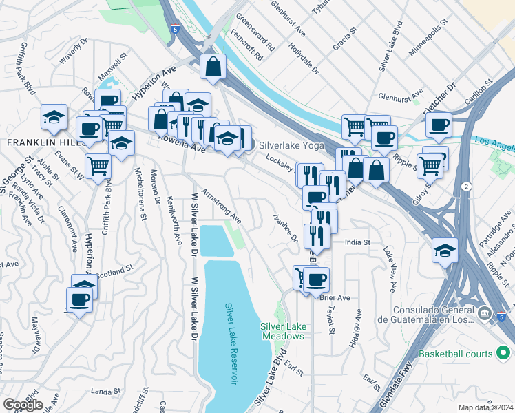 map of restaurants, bars, coffee shops, grocery stores, and more near 2661 Lake View Terrace East in Los Angeles