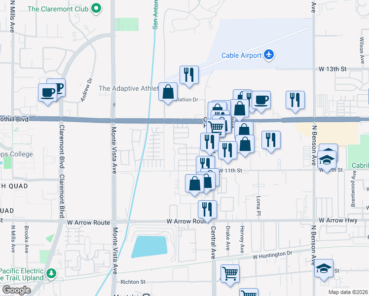 map of restaurants, bars, coffee shops, grocery stores, and more near in Upland