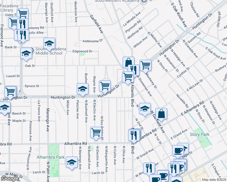 map of restaurants, bars, coffee shops, grocery stores, and more near 2045 Huntington Drive in South Pasadena