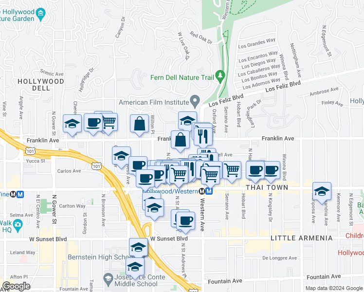 map of restaurants, bars, coffee shops, grocery stores, and more near 1849 Garfield Place in Los Angeles