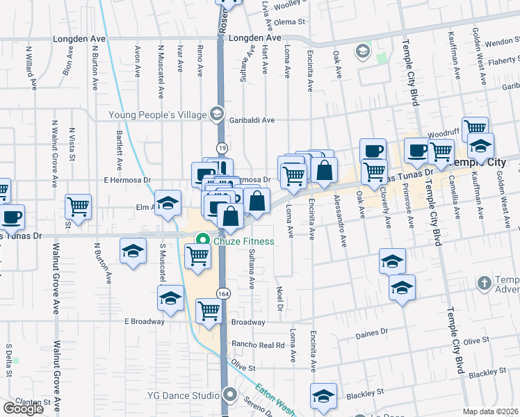 map of restaurants, bars, coffee shops, grocery stores, and more near 9085 Las Tunas Drive in Temple City