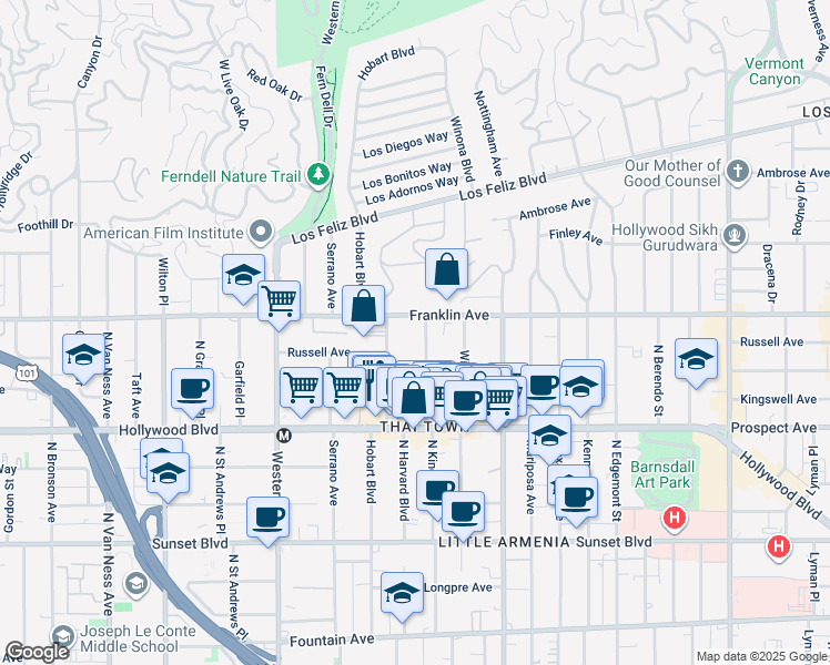 map of restaurants, bars, coffee shops, grocery stores, and more near 5181 Franklin Avenue in Los Angeles