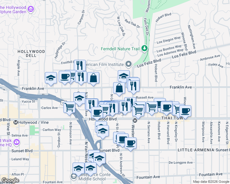 map of restaurants, bars, coffee shops, grocery stores, and more near 1900 North Gramercy Place in Los Angeles