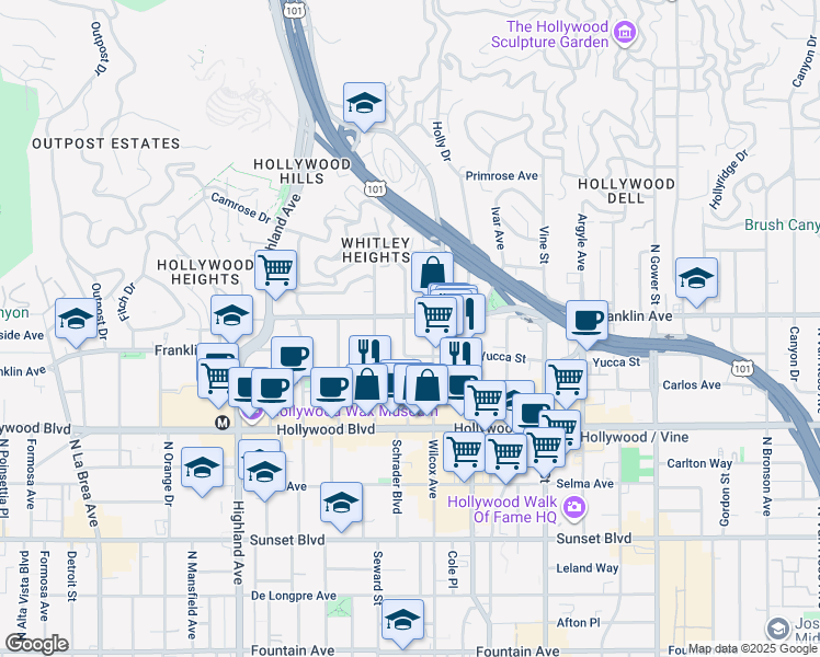 map of restaurants, bars, coffee shops, grocery stores, and more near 1830 Grace Avenue in Los Angeles