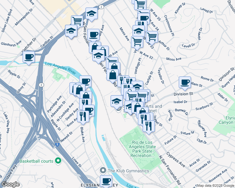 map of restaurants, bars, coffee shops, grocery stores, and more near 2347 N San Fernando Rd in Los Angeles