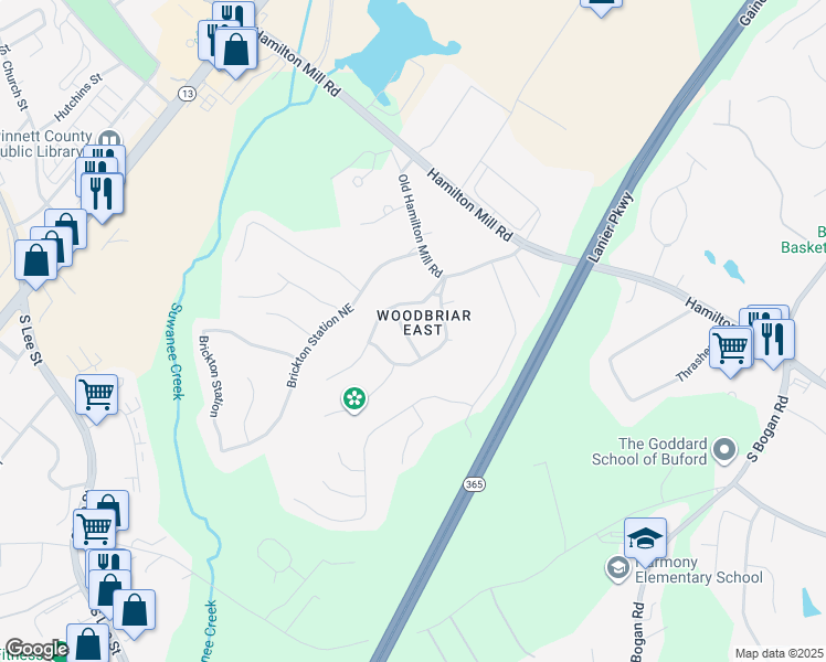 map of restaurants, bars, coffee shops, grocery stores, and more near 4310 Oakbriar Place in Buford