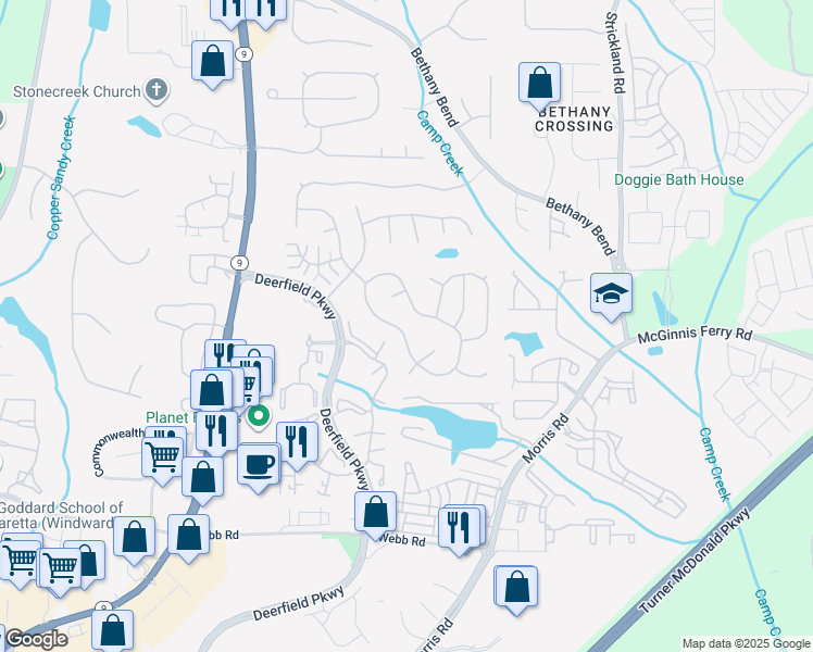 map of restaurants, bars, coffee shops, grocery stores, and more near 3681 Avensong Village Circle in Alpharetta