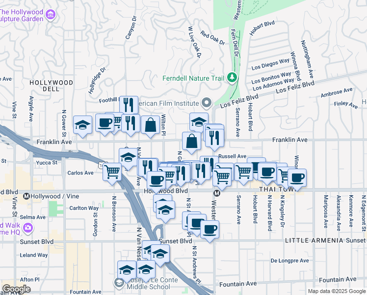 map of restaurants, bars, coffee shops, grocery stores, and more near 1900 North Gramercy Place in Los Angeles