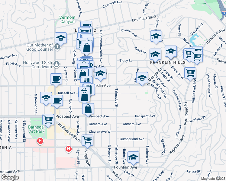 map of restaurants, bars, coffee shops, grocery stores, and more near 4313 Russell Avenue in Los Angeles
