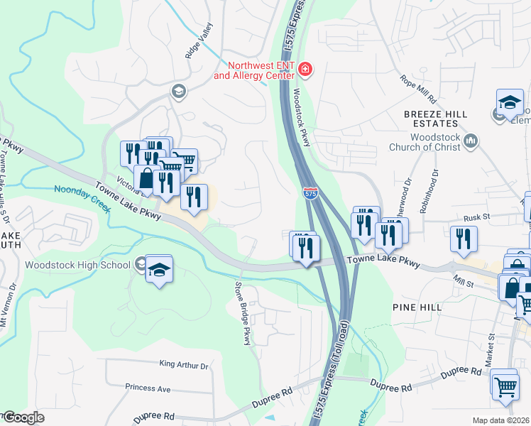 map of restaurants, bars, coffee shops, grocery stores, and more near 138 Stoneforest Drive in Woodstock