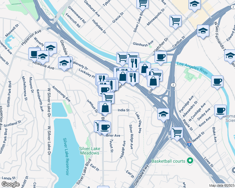 map of restaurants, bars, coffee shops, grocery stores, and more near 2466 Riverside Drive in Los Angeles