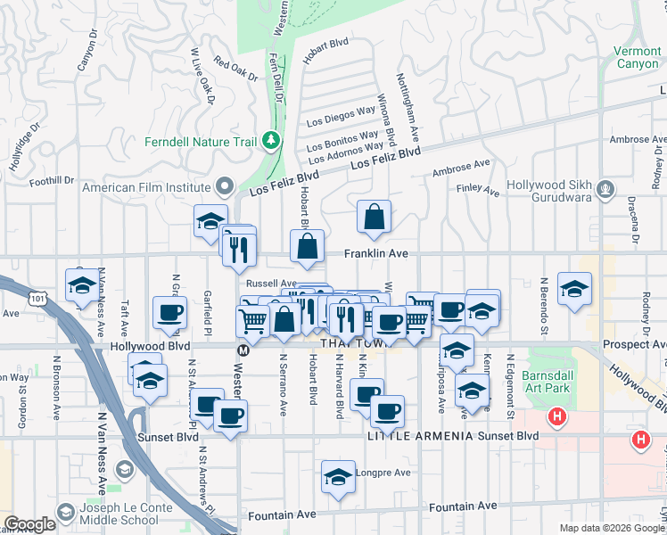 map of restaurants, bars, coffee shops, grocery stores, and more near in Los Angeles