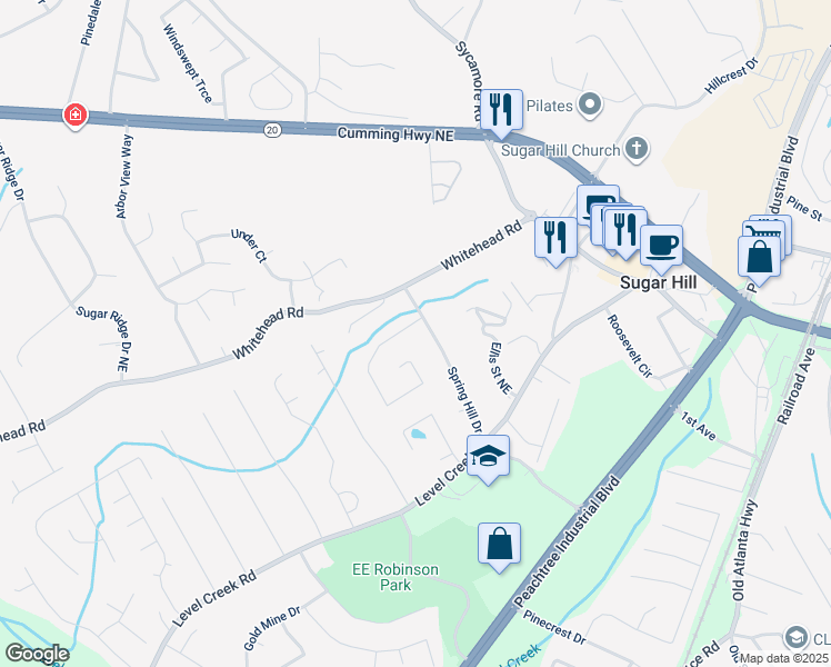 map of restaurants, bars, coffee shops, grocery stores, and more near 990 Old Spring Way Northeast in Sugar Hill