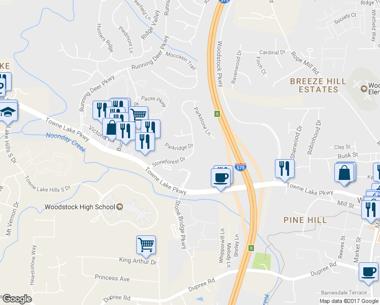 map of restaurants, bars, coffee shops, grocery stores, and more near 131 Stoneforest Drive in Woodstock