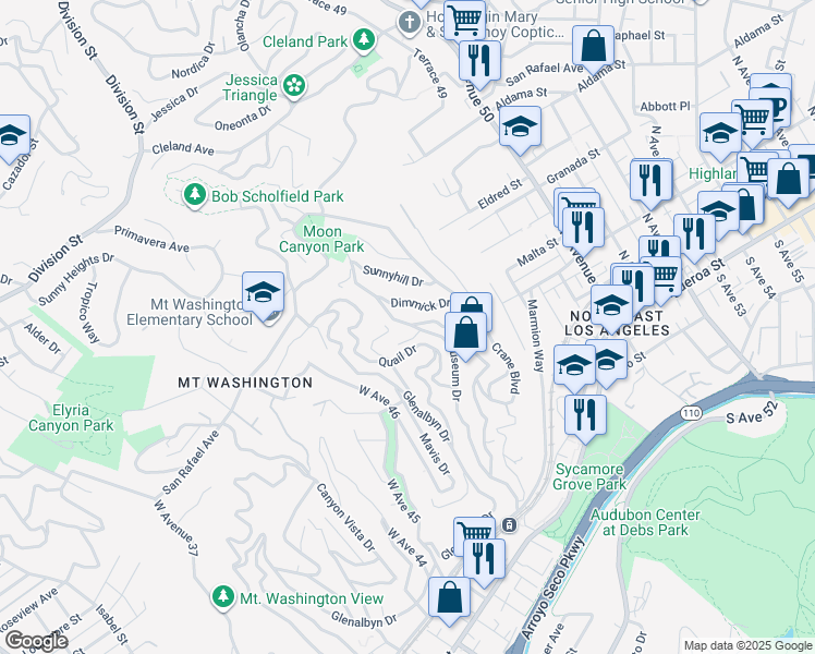 map of restaurants, bars, coffee shops, grocery stores, and more near 643 Dimmick Drive in Los Angeles