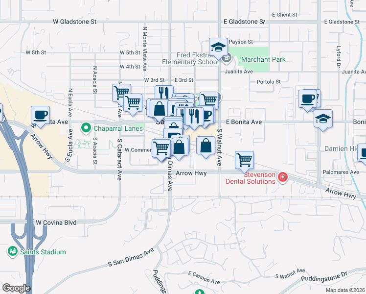 map of restaurants, bars, coffee shops, grocery stores, and more near 163 East Commercial Street in San Dimas