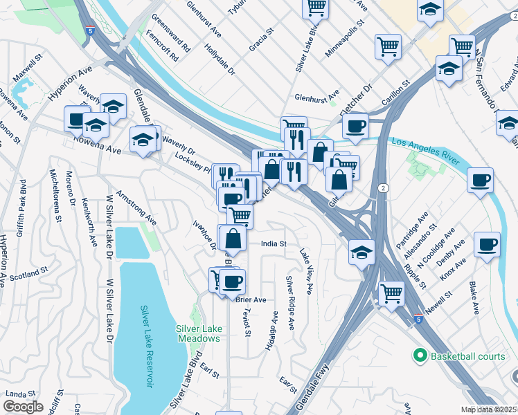 map of restaurants, bars, coffee shops, grocery stores, and more near 2466 Riverside Drive in Los Angeles