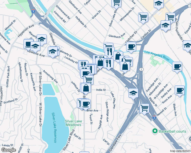 map of restaurants, bars, coffee shops, grocery stores, and more near 2354 Fletcher Drive in Los Angeles