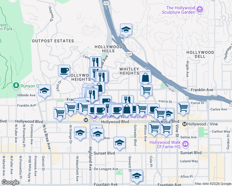 map of restaurants, bars, coffee shops, grocery stores, and more near 6650 Franklin Avenue in Los Angeles