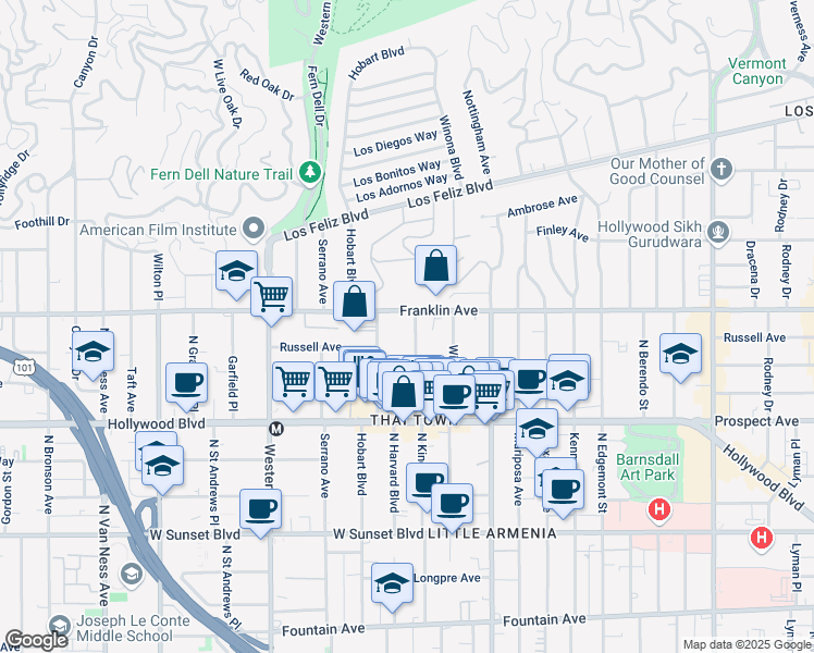 map of restaurants, bars, coffee shops, grocery stores, and more near 1825 North Kingsley Drive in Los Angeles