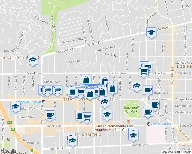 map of restaurants, bars, coffee shops, grocery stores, and more near 1848 Normandie Avenue in Los Angeles