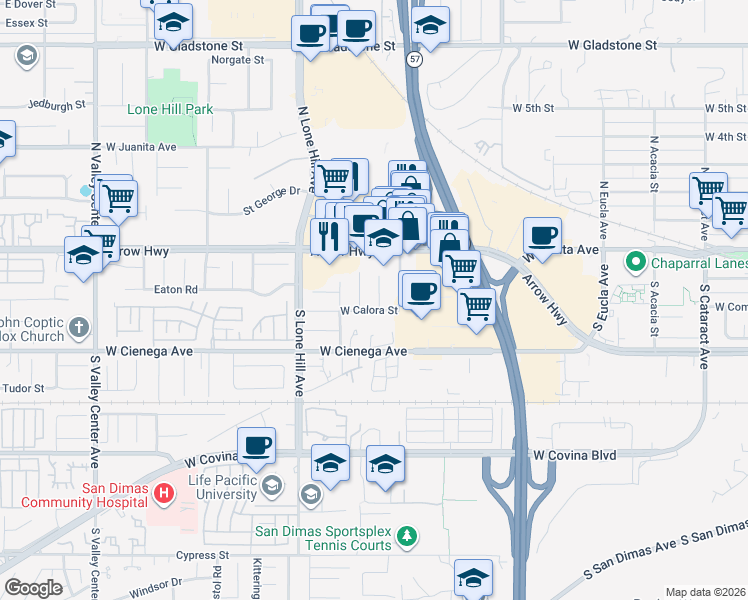 map of restaurants, bars, coffee shops, grocery stores, and more near 139 South Maimone Avenue in San Dimas