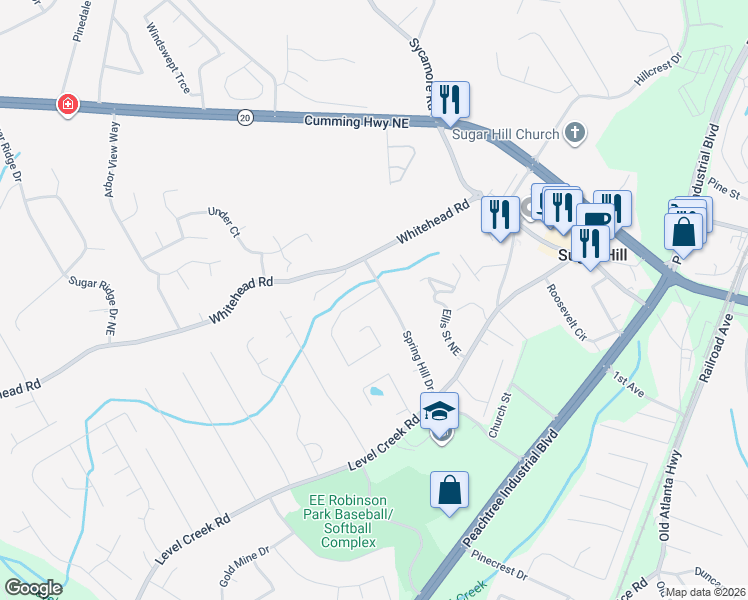 map of restaurants, bars, coffee shops, grocery stores, and more near 990 Old Spring Way Northeast in Sugar Hill