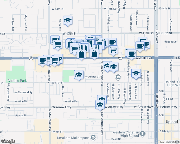 map of restaurants, bars, coffee shops, grocery stores, and more near 885 Altura Way in Upland