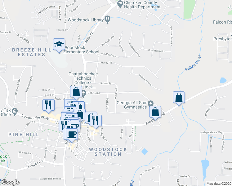map of restaurants, bars, coffee shops, grocery stores, and more near 199 Melanie Lane in Woodstock