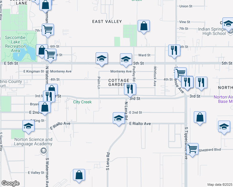 map of restaurants, bars, coffee shops, grocery stores, and more near 24586 East Little 3rd Street in San Bernardino