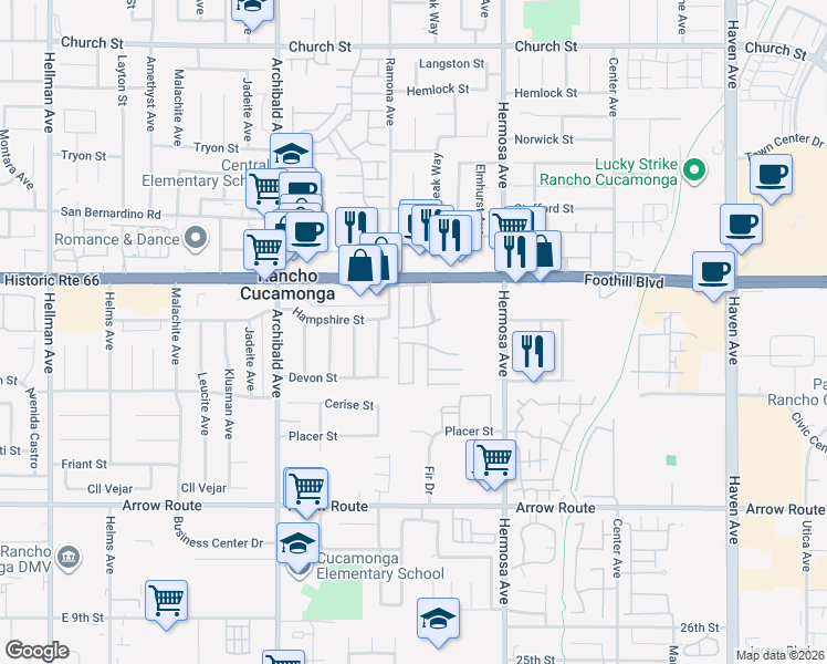 map of restaurants, bars, coffee shops, grocery stores, and more near 9999 Foothill Boulevard South in Rancho Cucamonga